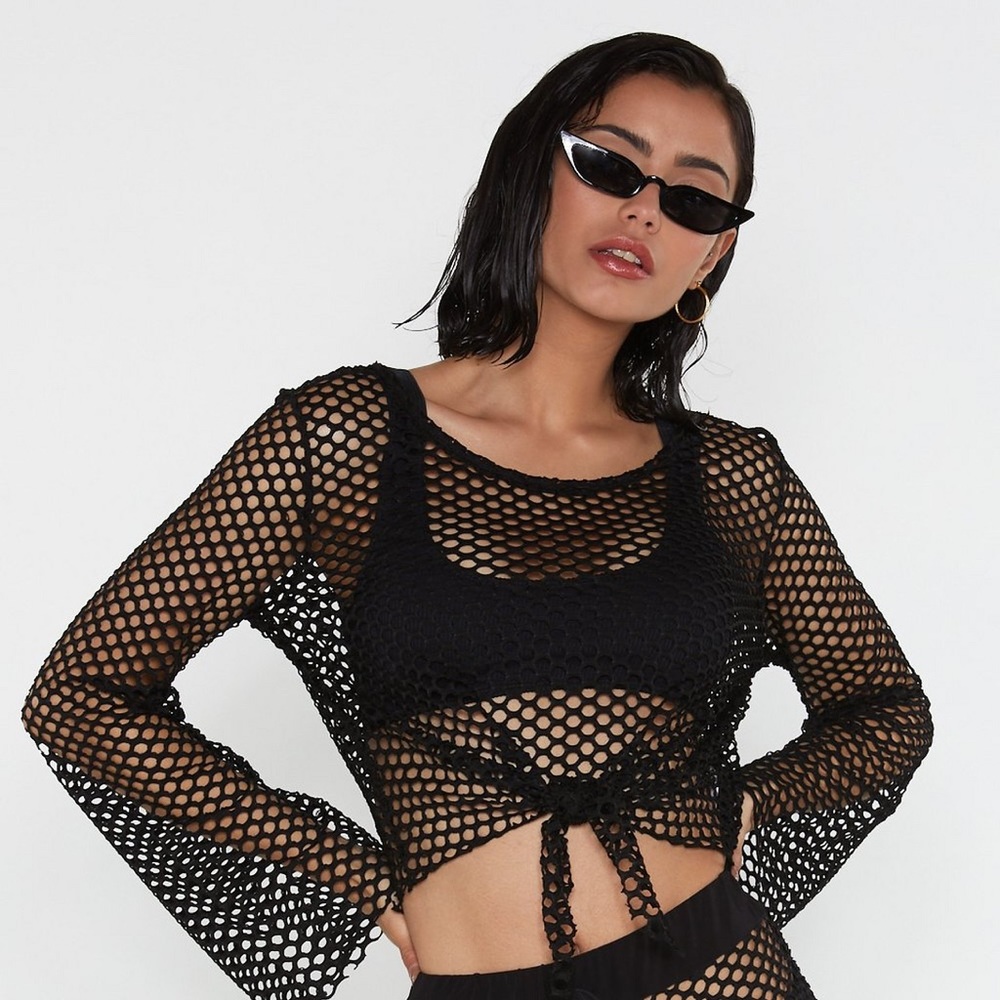 black fishnet cropped tie top